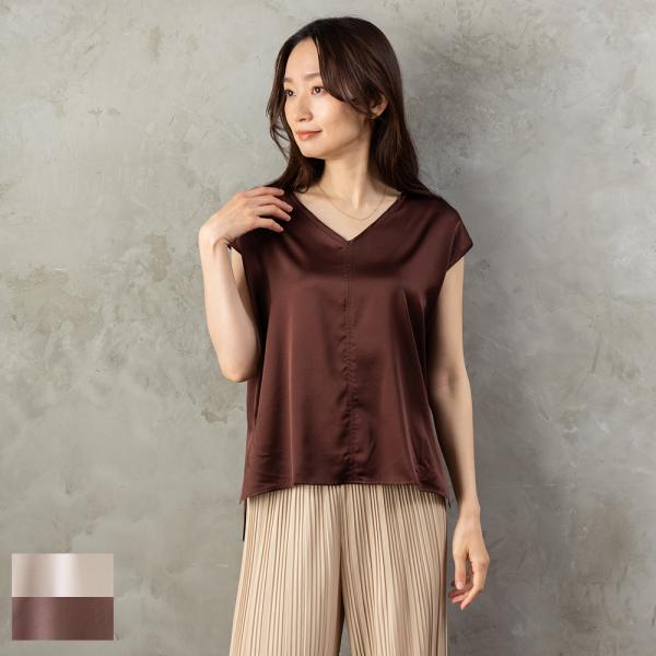 シルク サテンストレッチ Vネック フレンチスリーブ トップス 日本製 19匁 グレージュ ブラウン...