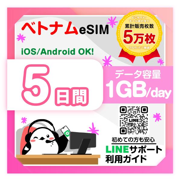 ベトナムeSIM：使用日数：５日間／データ容量：1GB（day）／簡単設定／有効期限90日／最短即日...