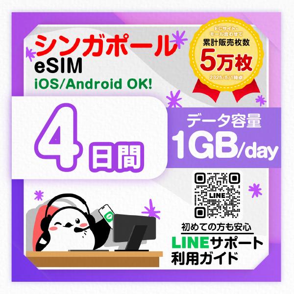 シンガポールeSIM：使用日数：４日間／データ容量：1GB（１day）／簡単設定／有効期限90日／最...