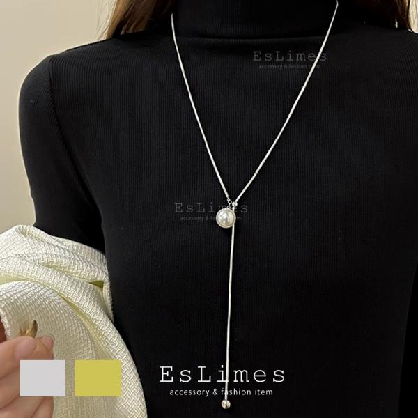 スライダーボウタイネックレス ロング パール レディース ラリエット シンプル シルバー ゴールド ...