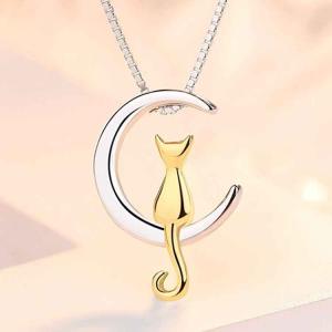 ネックレス レディース 猫ペンダント 月の上の猫 シルバー925 プラチナ仕上げ 女性 人気 彼女 嫁 娘 クリスマス ジュエリー 記念日