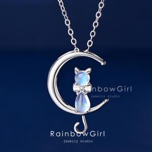 【月に猫　stone】６セット RainbowGirl ネックレス レディース 猫 ねこ 月 可愛い ムーンストーン