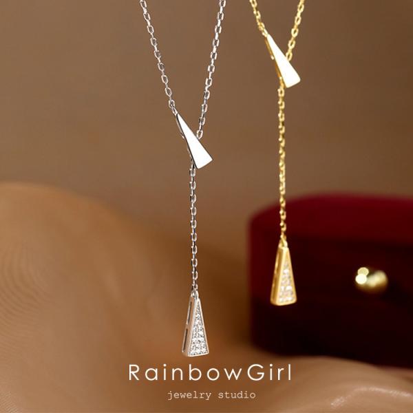 ネックレス レディース シンプル ラリエット CZダイヤ 三角 プラチナ仕上げ ゴールド 女性 誕生...