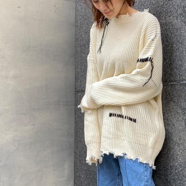 オーバーサイズデザインニット  ダメージニット ロングニット 冬 カジュアルニット ユニセックス