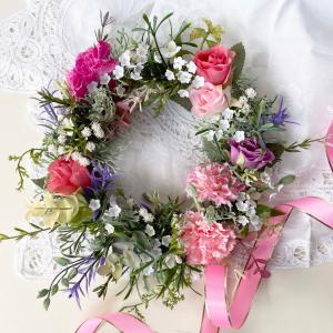 母の日プレゼント カーネーションと薔薇のリース　　手作り ハンドメイドリース mowr-02