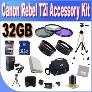 Canon T2I Accessory Saver Kit (58mm Wide Angle Lens + 58mm 3 Piece Filter Kit + 32GB SDHC Memory + Extended Life Battery Accessory Saver Bun
