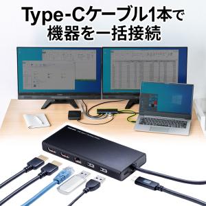 USB Type-Cドッキングステーション USBハブ×2 HDMI×2 2画面出力 トリプルディスプレイ 4K/30Hz PD60W LAN ブラック EZ4-HUBC099BK｜esupply