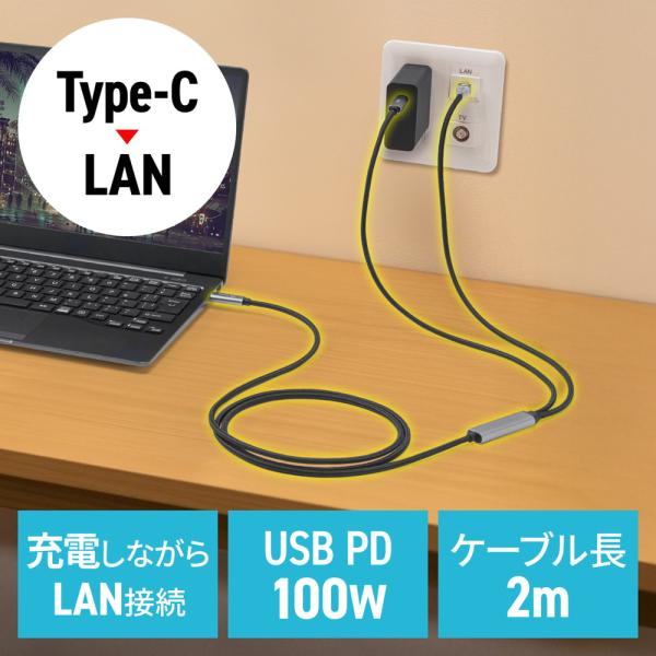 USB Type-C LAN変換ケーブル 2m カテゴリ6 RJ45 ギガビット PD100W への...