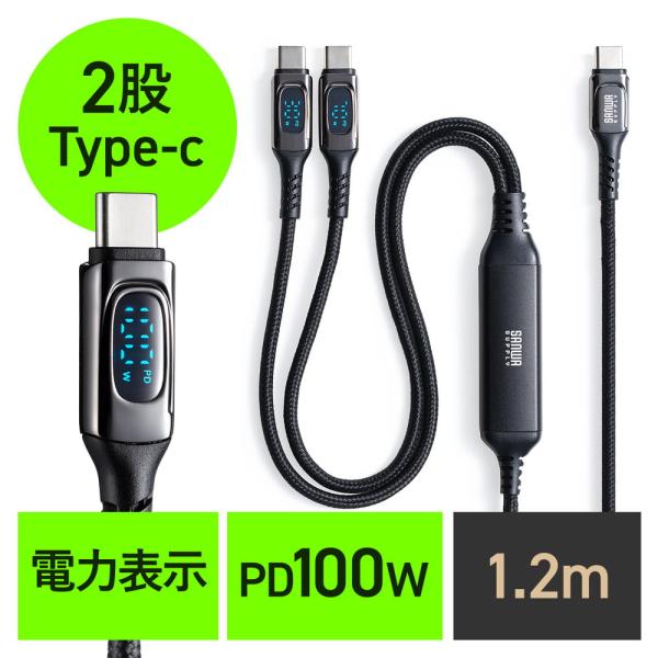 USB Type-C ケーブル 急速充電 PD100W 二股ケーブル 2-in-1 電力表示 ナイロ...