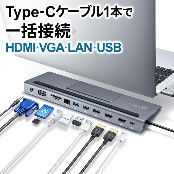 ドッキングステーション USBタイプC接続 HDMI VGA モニター2台出力 4K 有線LAN U...