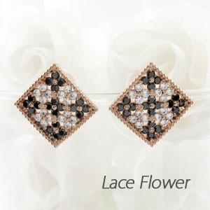 ブラックダイヤモンド ピアス ゴールド 18k パヴェ フラワー アンティーク ミル 18金 バレン...