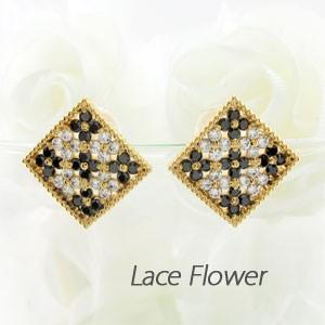 ブラックダイヤモンド ピアス ゴールド 18k パヴェ フラワー アンティーク ミル 18金 誕生日...