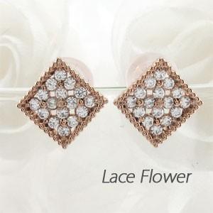 ダイヤモンド ピアス ゴールド 18k パヴェ フラワー アンティーク ミル 18金 バレンタイン