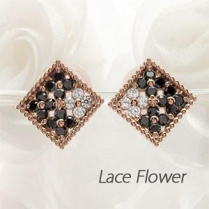 ブラックダイヤモンド ピアス ゴールド 18k パヴェ フラワー アンティーク ミル 18金 バレン...