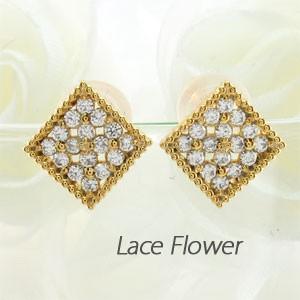 ピアス ゴールド 18k ダイヤモンド パヴェ フラワー アンティーク ミル 18金 誕生日 プレゼ...
