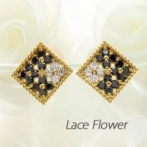 ブラックダイヤモンド ピアス ゴールド 18k パヴェ フラワー アンティーク ミル 18金 誕生日...