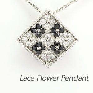 ブラックダイヤモンド ネックレス ゴールド 18k ペンダント フラワー 透かし スクエア 18金 ...