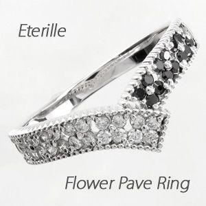 ブラックダイヤモンド リング 指輪 レディース ゴールド 18k ミル フラワー 透かし パヴェ ブ...