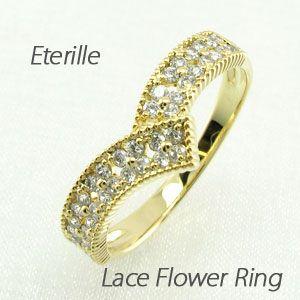 パヴェリング 指輪 レディース ダイヤモンド ゴールド 18k V字 アンティーク ミル フラワー ...