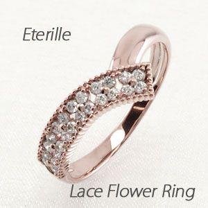 パヴェリング 指輪 レディース ダイヤモンド ゴールド 18k V字 アンティーク ミル フラワー ...