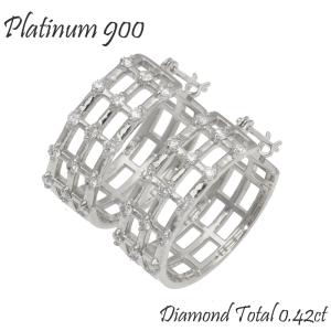 透かし模様 アンティーク調 ダイヤモンド 0.42ct 幅広 ピアス フープピアス 格子柄 プラチナ900