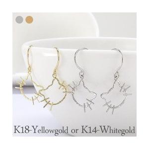 ｋ18 k14 猫 フック ピアス イエローゴールド ホワイトゴールド ネコ ねこ キャット アメリ...