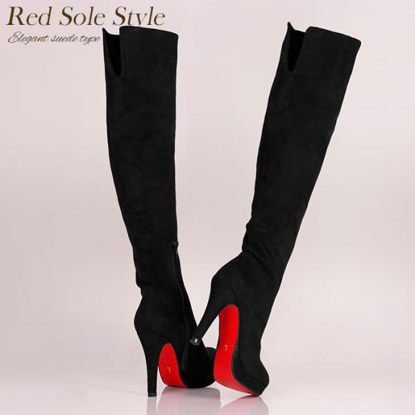 【在庫限り販売終了 残り僅か!!】ニーハイブーツ スエード 黒 レッドソール 厚底 ハイヒール ピン...