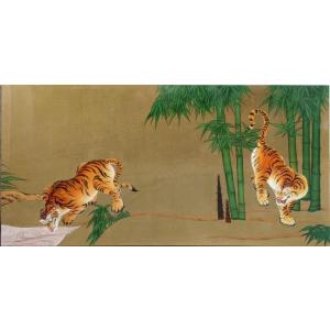 干支色紙 寅年 -竹林豹虎図- 狩野派 筆 / たとう紙・解説付 : 京都から