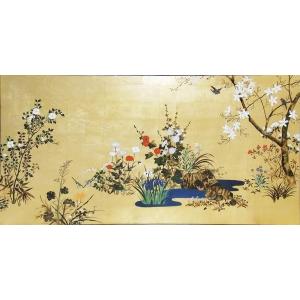 漆絵 鈴木其一の名作_四季花鳥図・左隻 NH288L : 絵画制作専門