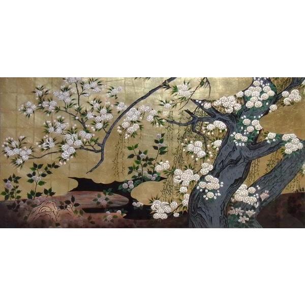 漆絵　長谷川久蔵の名作「桜図」 左隻＋右隻 NH81