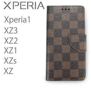 Xperia1 XZ3 XZ2 XZ1 XZs XZ ケース SOV40 SO-03L 802SO SOV39 SO-01L 801SO SOV36 SO-01K 701SO SOV35 SO-03J 602SO 手帳型 カバー 格子柄 チェック 茶色