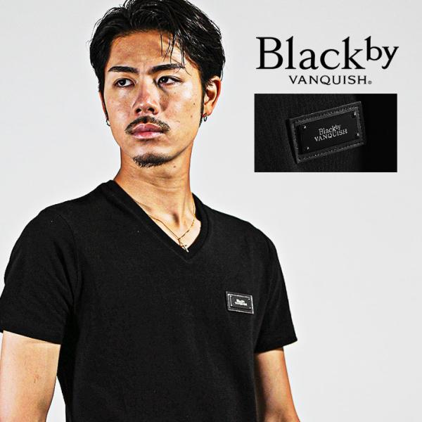 Vネック Tシャツ メンズ ブランド Tシャツ メンズ 半袖 黒Tシャツ メンズ ロゴ プレート 細...