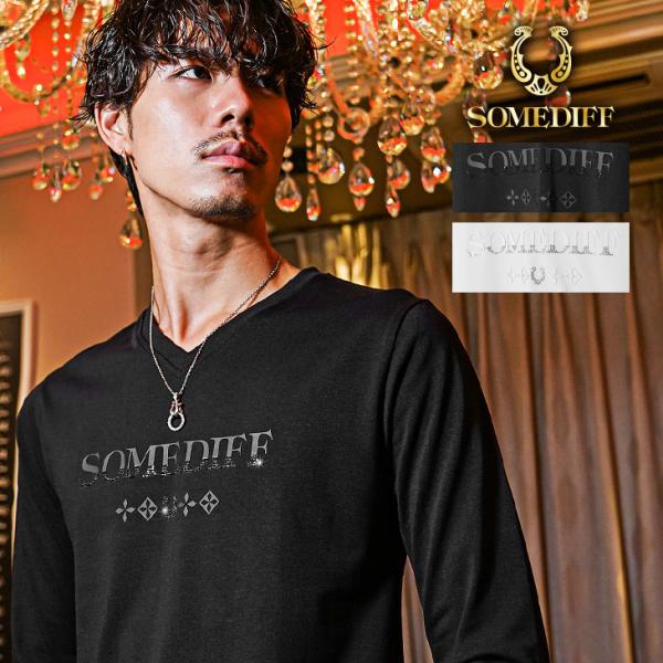 Tシャツ メンズ ブランド 長袖Tシャツ VネックTシャツ ラインストーン 細身 タイト スリム お...