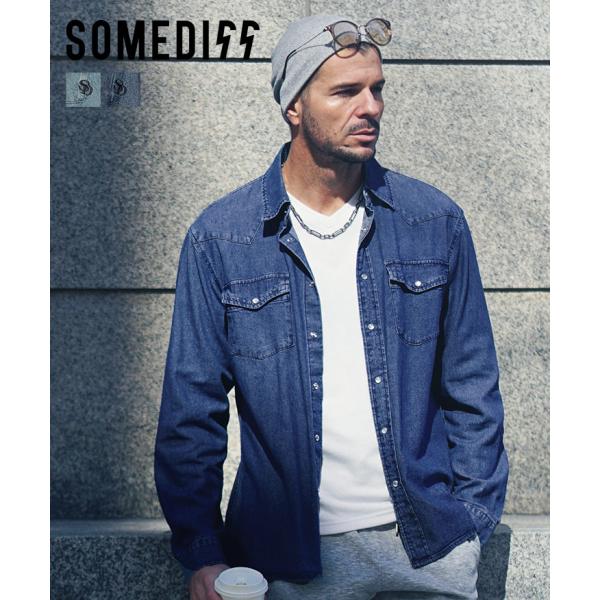 デニムシャツ メンズ 長袖 デニム シャツ 薄手 長袖シャツ カジュアルシャツ ウエスタン 無地 刺...