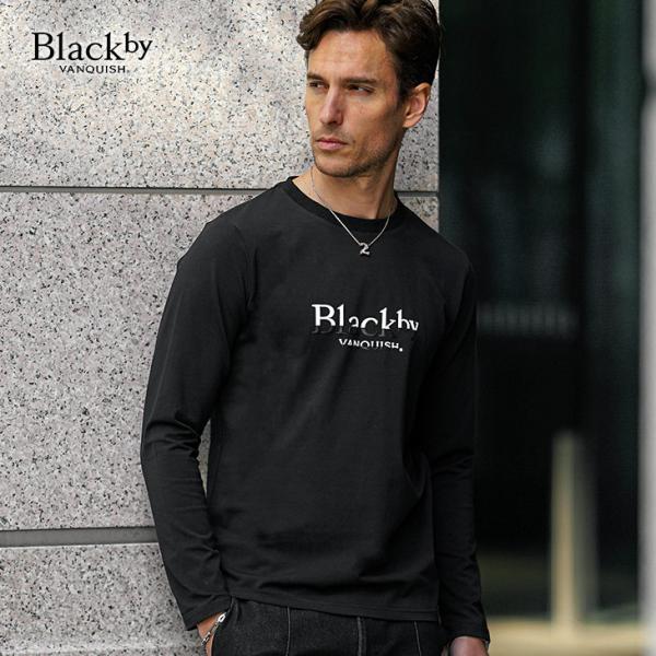 クルーネック Tシャツ メンズ ブランド 長袖 黒Tシャツ ストレッチ カットソー 長袖 発砲プリン...