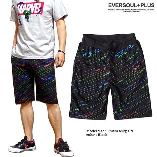 ショートパンツ ハーフパンツ メンズ ブラック 黒 コットン 派手 NEWYORK ロゴ プリント ...
