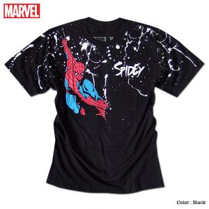 スパイダーマン プリント Ｔシャツ メンズ ペイント ドリッピング マーベル 半袖 キャラクター MARVEL アメコミ tシャツ グッズ 黒 ブラック｜eversoul