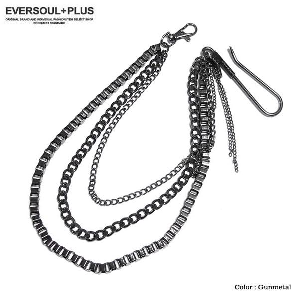 ウォレットチェーン メンズ ガンメタ チェーン 鎖 三連 メタル 渋い おしゃれ バイカー パンク ...