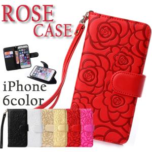 iPhone ケース 手帳 ローズ柄 ストラップ付 iPhoneSE2 第2世代 iPhoneX XS iPhone8 7 6 5 Plus 薔薇 花 可愛い かわいい おしゃれ｜every-1