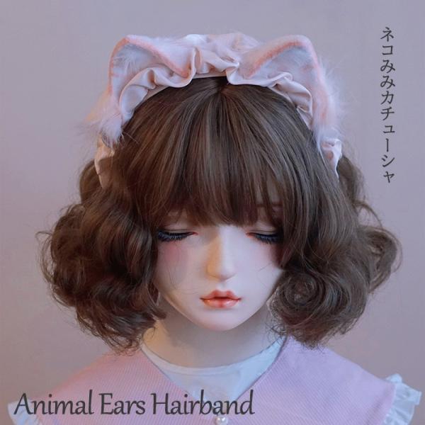 猫耳 ネコ耳 カチューシャ ヘッドドレス ロリータ コスプレ ケモ耳 かわいい レース フリル リボ...
