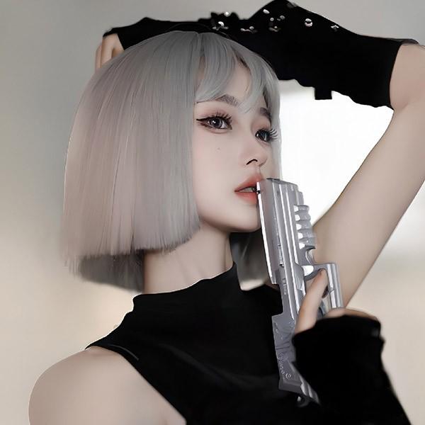 ウィッグ フルウィッグ ホワイトグレー 白灰色 ショート レディース ハロウィン ふんわり前髪 切り...