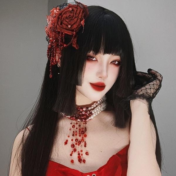 姫カット 中世の貴族風 ストレート ブラック 黒髪 フルウィッグ かつら 女性 長髪 ロングウィッグ...