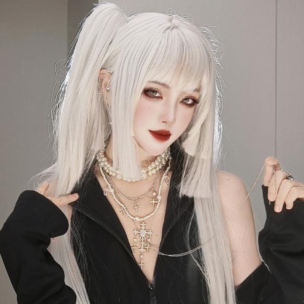 姫カット 中世の貴族風 ストレート シルバーホワイト 銀髪 フルウィッグ かつら 女性 長髪 ロング...