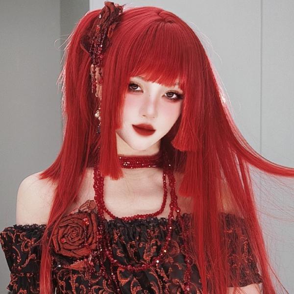 姫カット 中世の貴族風 ストレート レッド 赤髪 フルウィッグ かつら 女性 長髪 ロングウィッグ ...