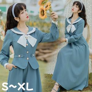 クラロリ ワンピース 可愛い セーラーカラー ロング レディース ロリータ lolita 日常 長袖 大人 春 秋 ブルー 青 S M L XL｜every-store365