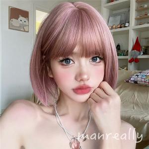 ピンクウイッグ フルウィッグ ショートボブ ピンク系 襟足すっきり