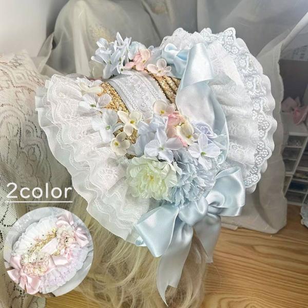 ロリータ ハット フラワー付き レース ボンネット 青 ピンク リボン ストローハット ロマンティッ...