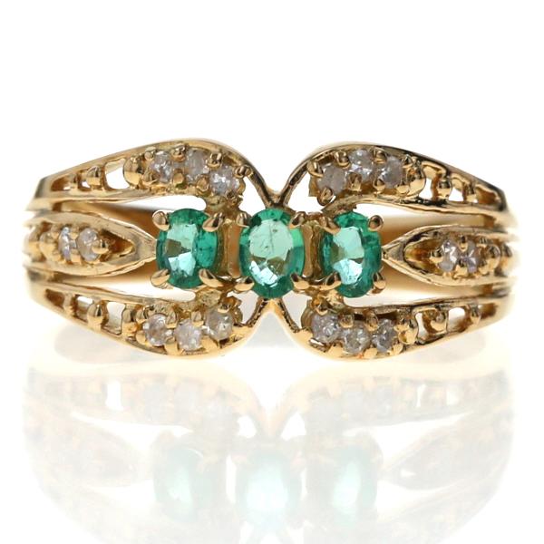 K18YG イエローゴールド リング エメラルド ダイヤモンド リボン ベルト レース 指輪 10号...