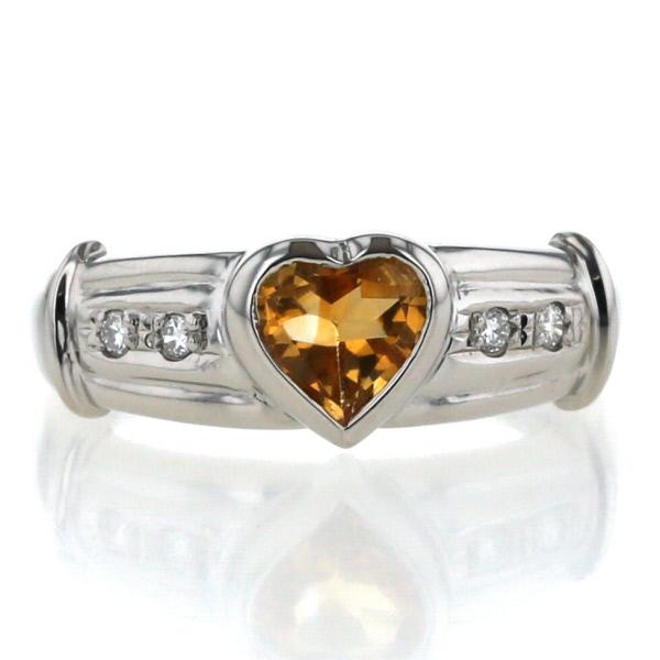 Pt900 プラチナ リング シトリン ダイヤモンド ハートシェイプ ベゼル留め デザイン シンプル...