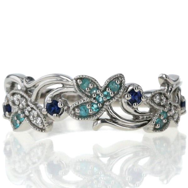 GSTV Pt950 プラチナ リング パライバトルマリン0.06ct サファイア ダイヤモンド 花...